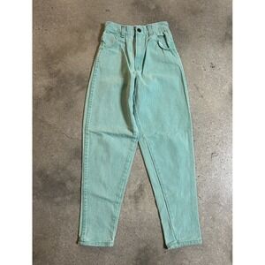 Vintage GIRLS Sz 8 SLIM Mom Jeans Green High Waist Tapered Lace Roses 80s